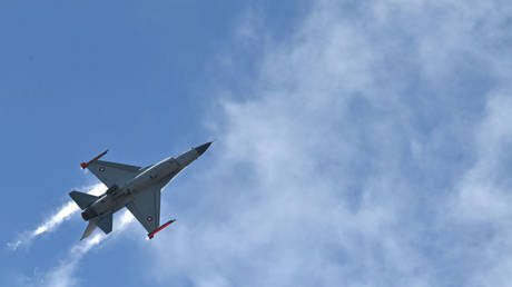 FILE PHOTO: A Royal Danish Air force F-16 performs during the Farnborough International Airshow 2024, Farnborough, England, July 22, 2024.