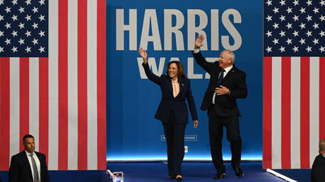 Democratic presidential nominee US Vice President Kamala Harris and Minnesota Gov. Tim Walz at a campaign rally in Pennsylvania on August 6, 2024