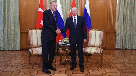 Russian President Vladimir Putin and Turkish President Recep Tayyip Erdogan shake hands during a meeting in the Black Sea resort of Sochi, Russia.