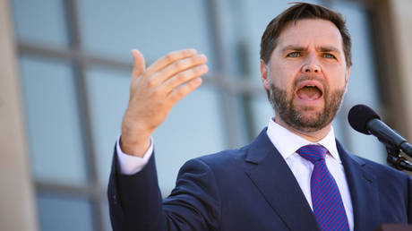 US Senator JD Vance (R-Ohio) speaks in Shelby Township, Michigan, August 7, 2024.