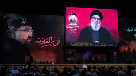 Hezbollah leader Sayyed Hassan Nasrallah speaking during a ceremony to mark the first week since the killing of top commander Fu'ad Shukr on August 06, 2024 in Beirut, Lebanon.