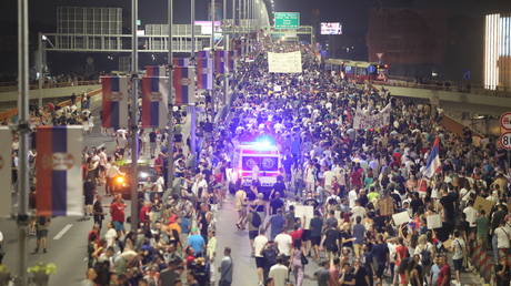 Thousands protest a lithium mining project, Belgrade, Serbia, August 10, 2024.