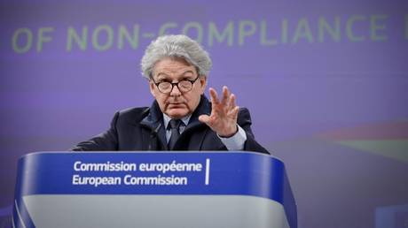 Thierry Breton gives a press conference at the EU headquarters in Brussels, Belgium, March 25, 2024