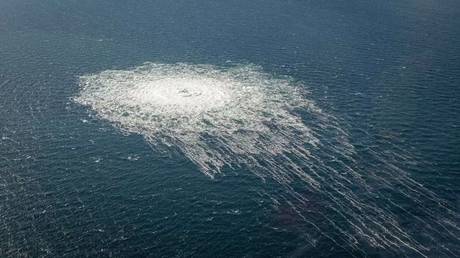 FILE PHOTO. Danish Defense shows the gas leaking at Nord Stream 2 seen from the Danish F-16 interceptor on Bornholm, Denmark on September 27, 2022.