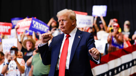 Republican presidential nominee, former US President Donald Trump holds a rally at Montana State University on August 9, 2024