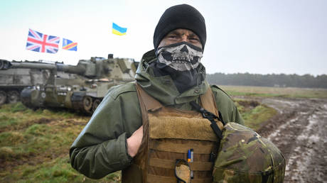 FILE PHOTO: A Ukrainian soldier during training in the UK.