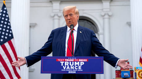 Republican presidential candidate, former US President Donald Trump holds a news conference outside the Trump National Golf Club Bedminster on August 15, 2024 in Bedminster, New Jersey.