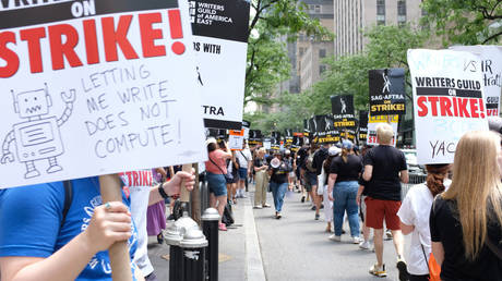 Hollywood actors and screenwriters strike over better pay and AI regulations in July 2023, in New York, USA.