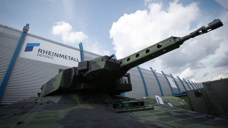 FILE PHOTO: The Rheinmetall logo is seen above the turret of a Boxer vehicle at the 25th International Defense Industry Exhibition.