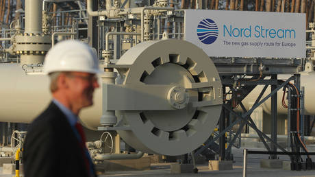 FILE PHOTO: A man wearing a hard hat walks by the central facility where the Nord Stream Baltic Sea gas pipeline reaches western Europe following the pipeline's official inauguration.