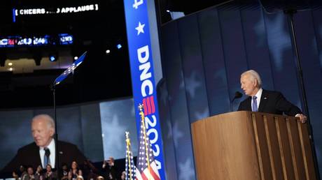 US President Joe Biden speaks at the Democratic National Convention in Chicago, Illinois, August 19, 2024.