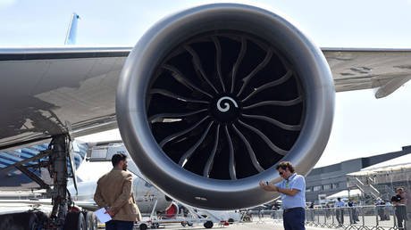 FILE PHOTO: Boeing 777X General Electric GE9X engine pictured during the Farnborough International Airshow on July 19, 2022 in Farnborough, England.