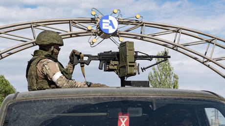 FILE PHOTO: A soldier of the Armed Forces of the Russian Federation on the territory of the Zaporizhia NPP in Energodar.