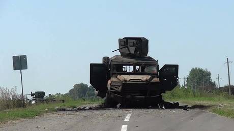 A destroyed Ukrainian military vehicle in Kursk Region, Russia, August 20, 2024.