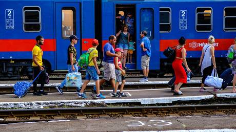 People arrive from Ukraine by train in Zahony, Hungary, September, 2022.