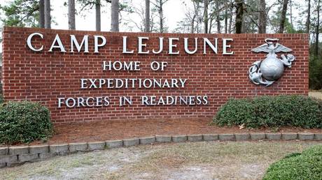 File photo: Sign stands outside the Holcomb Gate of Marine Corps Base Camp Lejeune, North Carolina, January 8, 2008.