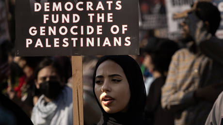 Demonstrators rally in protest over the war in Gaza in Chicago, Illinois, on August 21, 2024.