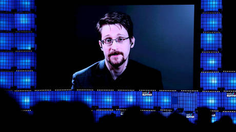 Edward Snowden speaks live during the annual Web Summit technology conference in Lisbon, Portugal, November, 2019.