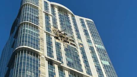 An apartment block damaged by a Ukrainian drone in Saratov, Russia, August 26, 2024.