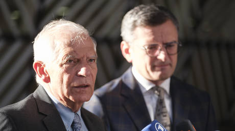 EU Commissioner for Foreign Affairs Josep Borrell and Ukrainian Foreign Minister Dmitry Kuleba in Brussels on August 29, 2024