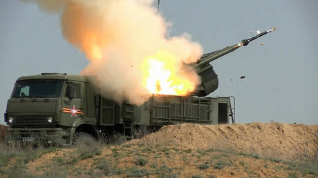 FILE PHOTO: A Russian Pantsir-S1 anti-aircraft artillery weapon system fires a missile.