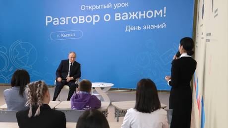 Russian President Vladimir Putin holds an open lesson in the Republic of Tyva, Russia on September 2, 2024.