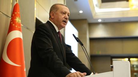 Recep Tayyip Erdogan addresses businessmen on the sidelines of a BRICS summit in Johannesburg, South Africa, July 27, 2018