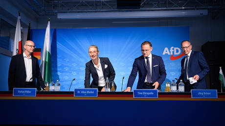 Alice Weidel, AfD federal chairmen Tino Chrupalla, AfD state chairmen Stefan Moeller, and Joerg Urban at a press conference at the AfD federal office.