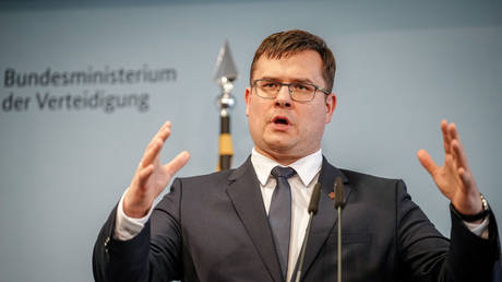 Laurynas Kasciunas speaks at a press conference in Berlin, Germany, May 16, 2024