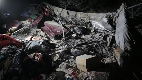 Destruction caused by an Israeli airstrike at the al-Mawasi “humanitarian zone” in the Gaza strip.