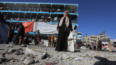 The courtyard of the UN’s Al-Jaouni School after an Israeli air strike in Nusairat, Gaza, September 11, 2024.