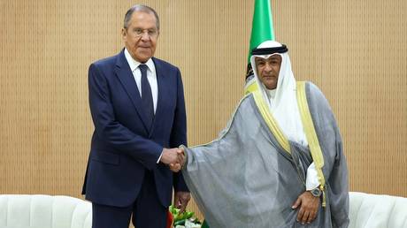 Russian Foreign Minister Sergey Lavrov and Gulf Cooperation Council Secretary General Jasem Mohamed Albudaiwi at a meeting in Riyadh, Saudi Arabia.