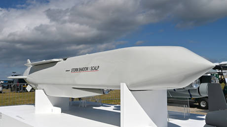 FILE PHOTO: The SCALP/Storm Shadow cruise missile is displayed at the MBDA exhibition hall during the Farnborough International Airshow 2024.