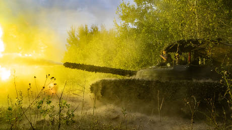 FILE PHOTO: A Russian tank in action