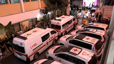 People wait to donate blood for those wounded in pager explosions in Beirut, Lebanon, on September 17, 2024.