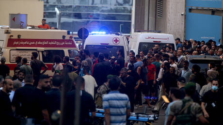 Ambulances carrying wounded people arrive to the emergency of the American University hospital, September 17, 2024, Beirut, Lebanon.