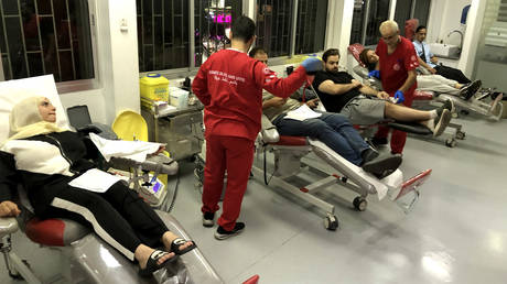 People donate blood for those wounded in pager explosions in Beirut, Lebanon, on September 17, 2024.