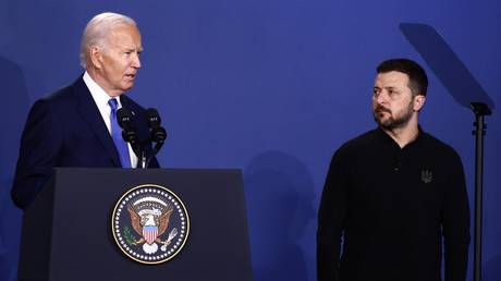 FILE PHOTO: US President Joe Biden and Ukrainian leader Vladimir Zelensky at the Ukraine Compact meeting in July 2024.