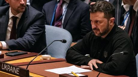 Ukrainian leader Vladimir Zelensky during a meeting of the UN Security Council.