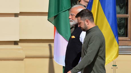 Prime Minister of India Narendra Modi and President of Ukraine Volodymyr Zelenskyi seen during official meeting in Kiev on August 23, 2024.