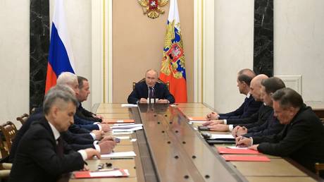 Russian President Vladimir Putin holds a permanent meeting of the Russian Security Council on nuclear deterrence on September 25, 2024.