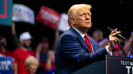 Donald Trump speaks to attendees during a campaign rally in Savannah, Georgia, September 24, 2024