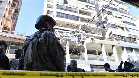 Lebanese security forces closing the area following the Israeli airstrike on Dahiyeh suburb in Beirut, Lebanon on September 26, 2024.