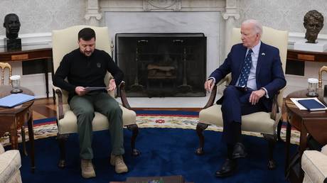 US President Joe Biden meets with Ukrainian leader Vladimir Zelensky in the Oval Office of the White House.