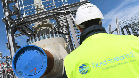 FILE PHOTO: A worker is standing at the construction site of the Nord Stream 2 Baltic Sea pipeline.