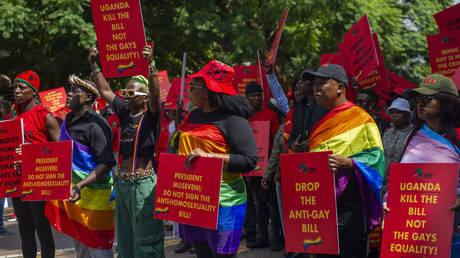 FILE PHOTO: Members of the Economic Freedom Fighters picket against Uganda's anti-homosexuality bill at the Uganda High Commission on April 04, 2023 in Pretoria, South Africa.