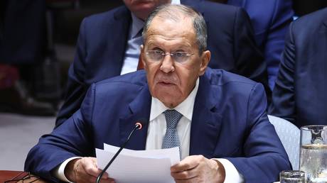 Russian Foreign Minister Sergey Lavrov speaks at the UN Security Council meeting in New York, US, on September 27, 2024.