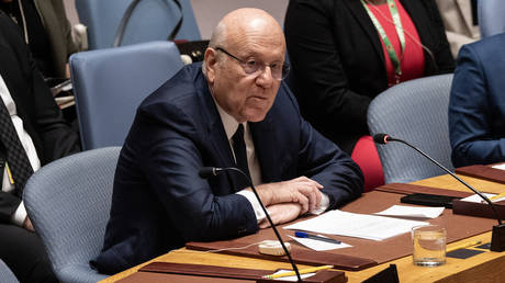 President of the Council of Ministers of Lebanon Mohammad Najib Azmi Mikati speaks during United Nations Security Council meeting on Middle East on situation on Israel-Lebanon at UN Headquarters.