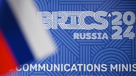 BRICS24 logo at the meeting of BRICS+ communications ministers, Innopolis, Tatarstan, Russia, September 27, 2024