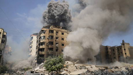 Smoke rises from Israeli airstrikes in Beirut's southern suburbs, Saturday, Sept. 28, 2024.